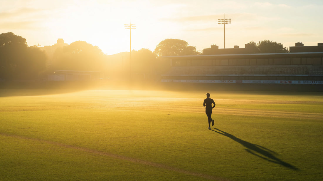 A solitary cricketer jogging on a cricket field at dawn, with the sun just rising behind them. 